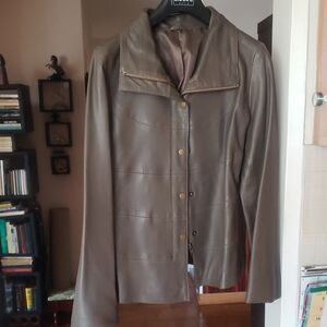 Women's  Leather Khaki Snap-Front Jacket with Zip-Trim Collar